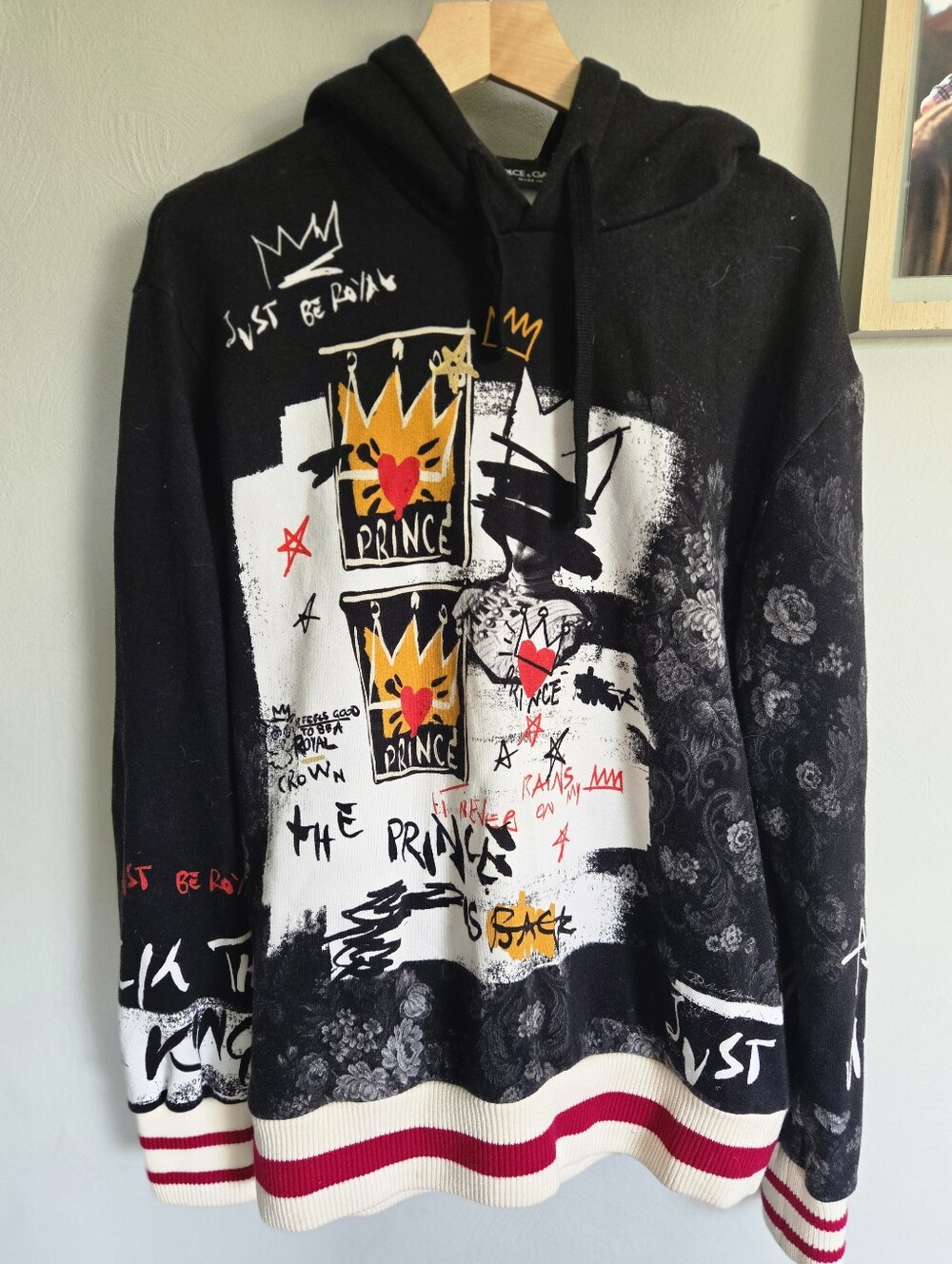 Dolce & Gabanna• Black Graphic Grafitti Prince Crown Hoodie. Sz 54 (XL)